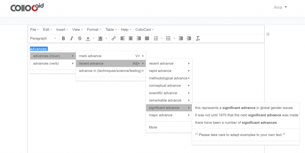 Screenshot of ColloCaid prototype interface